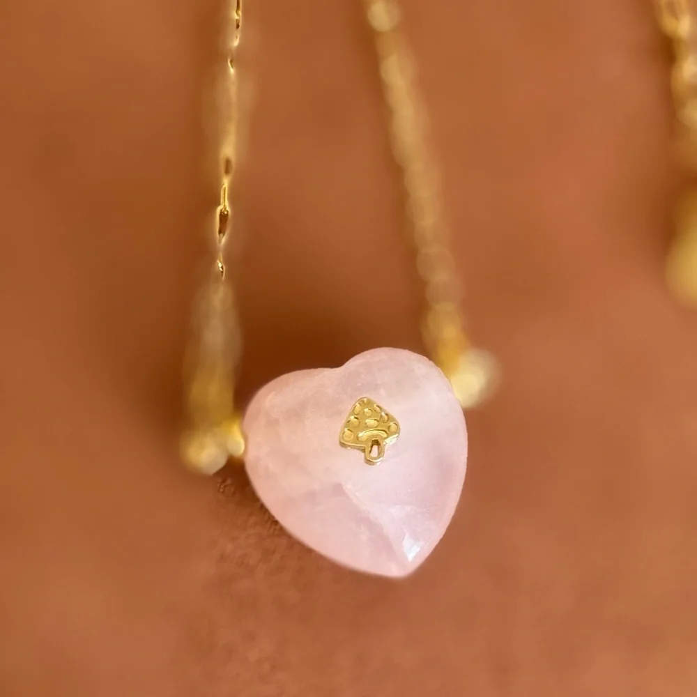New MAYAMAR genuine Pink quartz Heart Pendant Necklace with mushroom - Picture 4 of 6